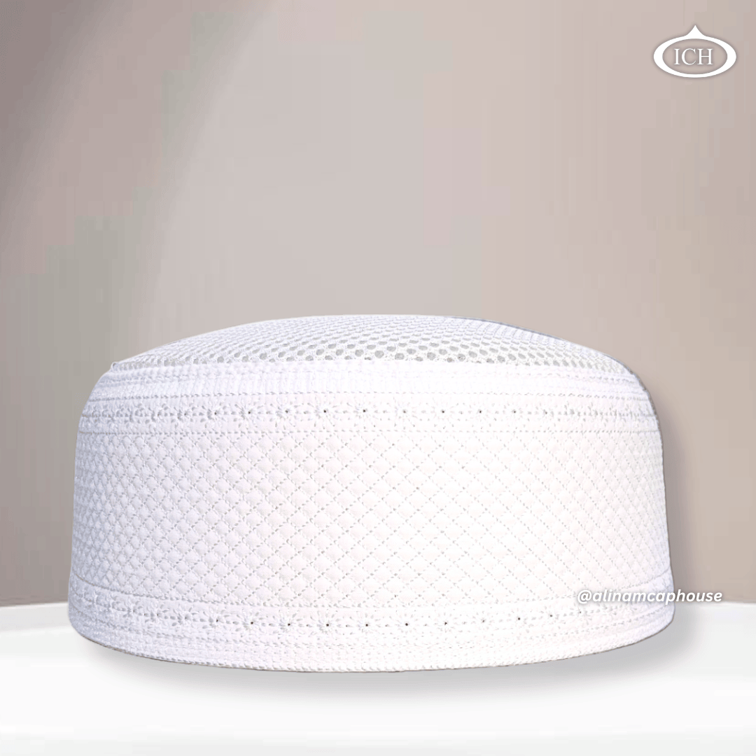 AL INAM CAP white, signature Islamic prayer cap, front view, soft breathable fabric, AL INAM CAP HOUSE