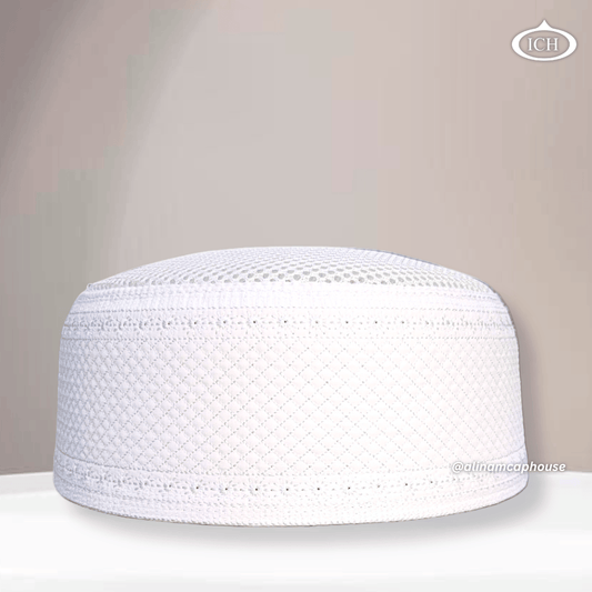 AL INAM CAP white, signature Islamic prayer cap, front view, soft breathable fabric, AL INAM CAP HOUSE