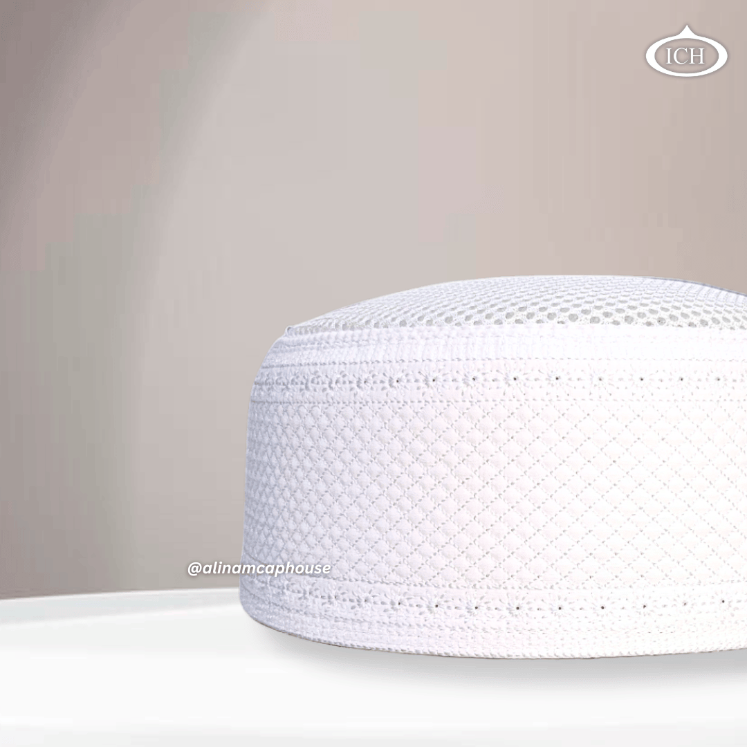 AL INAM CAP white, Muslim kufi prayer cap, side view, comfortable fit, AL INAM CAP HOUSE