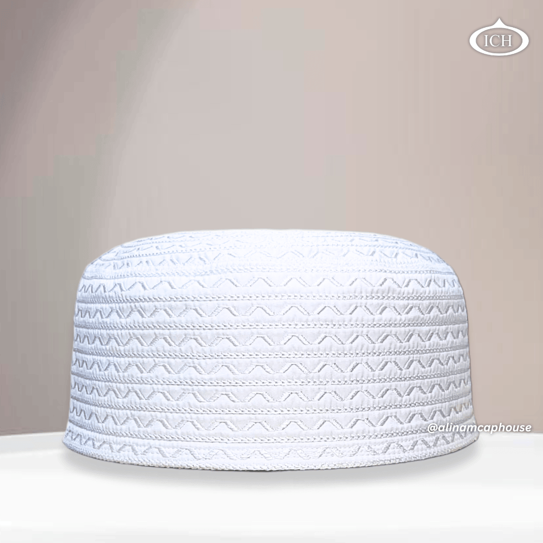 AL INAM CAP white, signature Islamic prayer cap, front view, soft breathable fabric, AL INAM CAP HOUSE