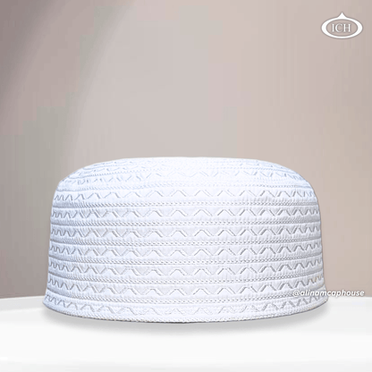 AL INAM CAP white, signature Islamic prayer cap, front view, soft breathable fabric, AL INAM CAP HOUSE
