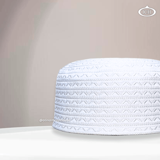 AL INAM CAP white, Muslim kufi prayer cap, side view, comfortable fit, AL INAM CAP HOUSE