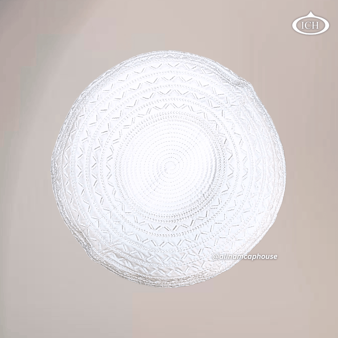 AL INAM CAP white, elegant kufi top view, Islamic essentials, AL INAM CAP HOUSE