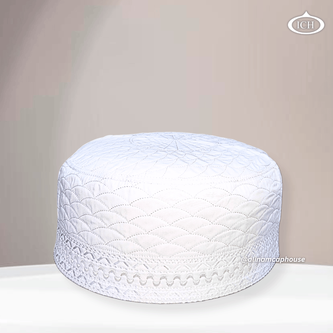 AL INAM CAP white, premium Islamic cap, angled view, tradition & devotion, AL INAM CAP HOUSE