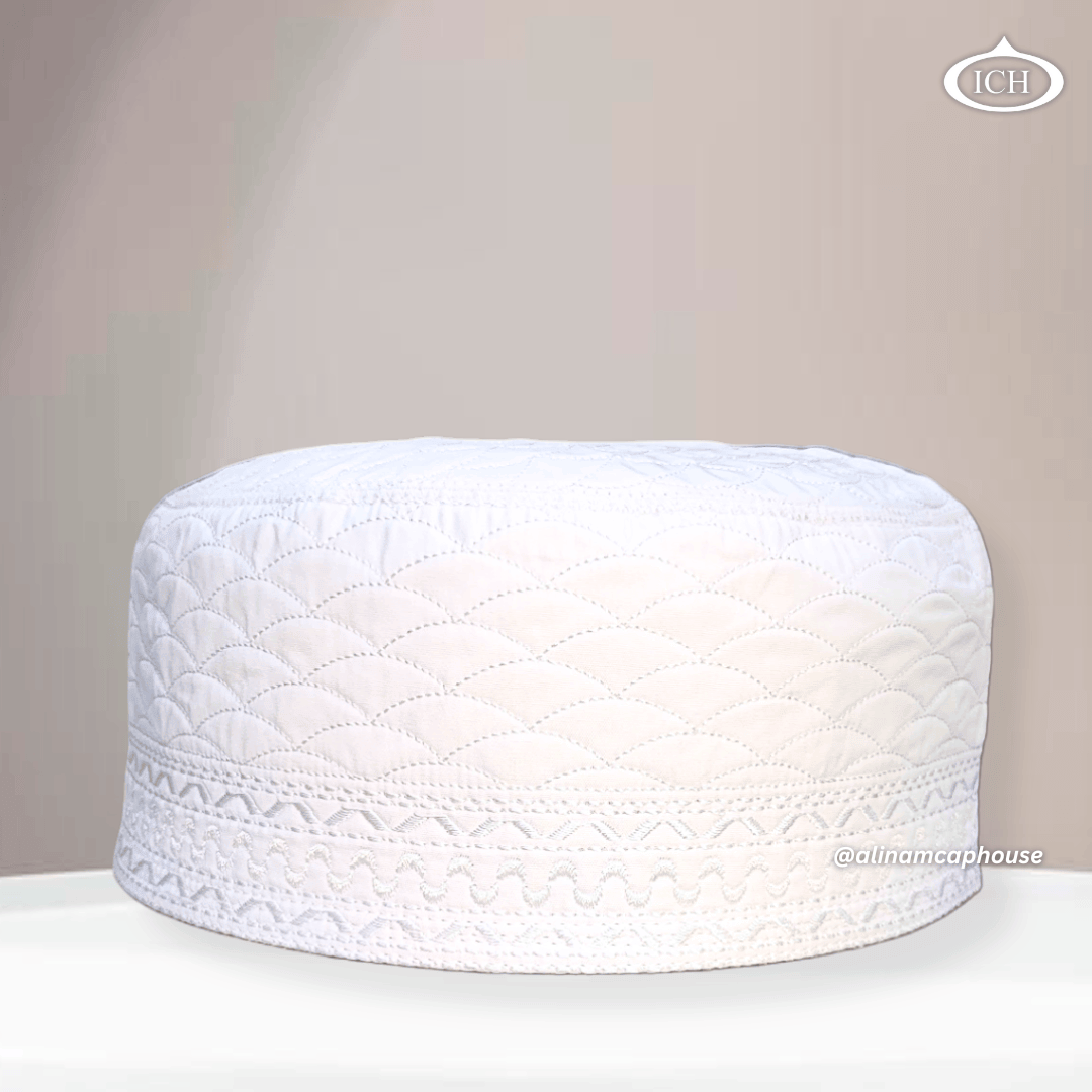 AL INAM CAP white, signature Islamic prayer cap, front view, soft breathable fabric, AL INAM CAP HOUSE