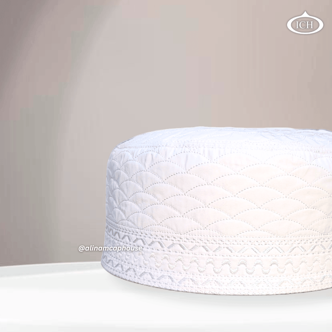 AL INAM CAP white, Muslim kufi prayer cap, side view, comfortable fit, AL INAM CAP HOUSE