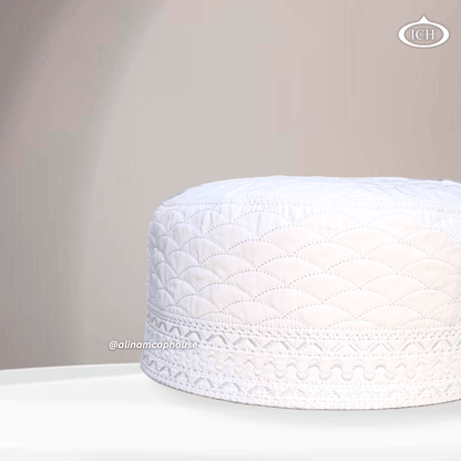 AL INAM CAP white, Muslim kufi prayer cap, side view, comfortable fit, AL INAM CAP HOUSE