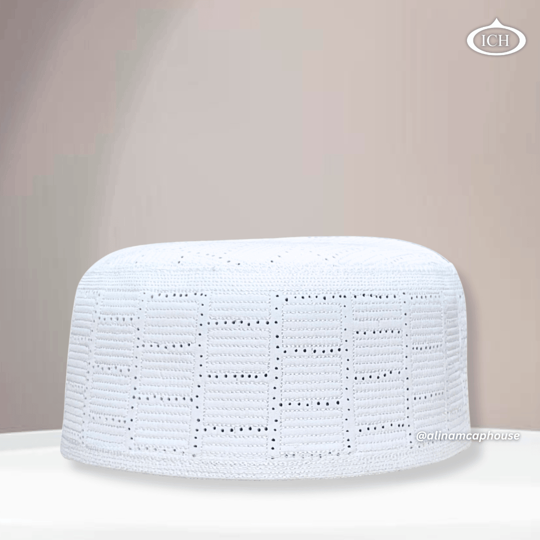 AL INAM CAP white, signature Islamic prayer cap, front view, soft breathable fabric, AL INAM CAP HOUSE