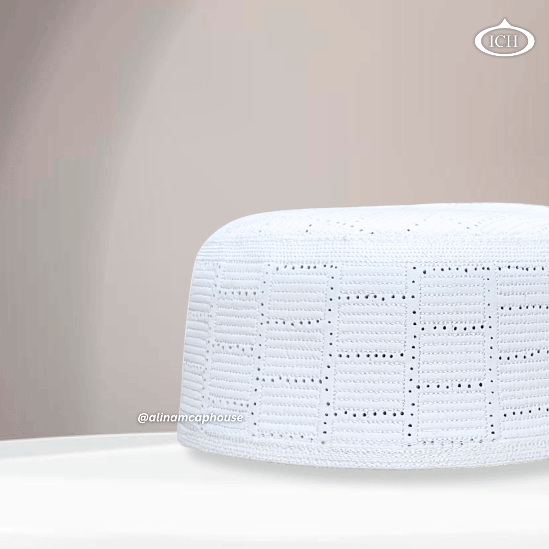 AL INAM CAP white, Muslim kufi prayer cap, side view, comfortable fit, AL INAM CAP HOUSE