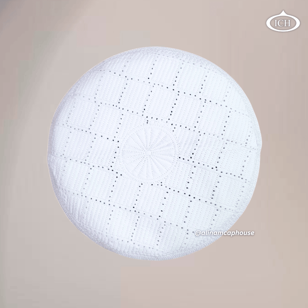 AL INAM CAP white, elegant kufi top view, Islamic essentials, AL INAM CAP HOUSE