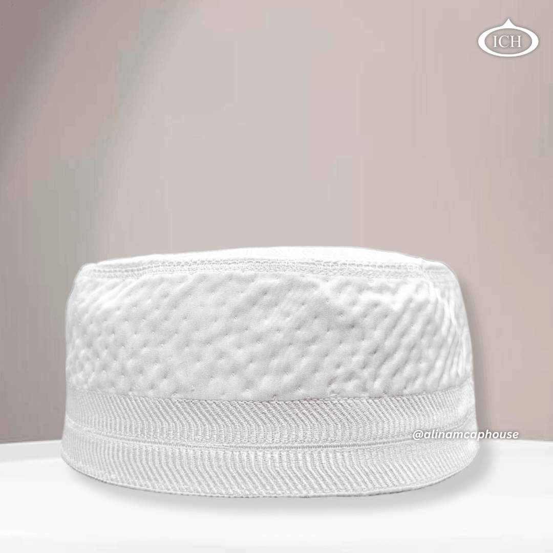 Al Inam Cap white (8 cm), premium Islamic prayer cap, front view, soft breathable fabric, AL INAM CAP HOUSE