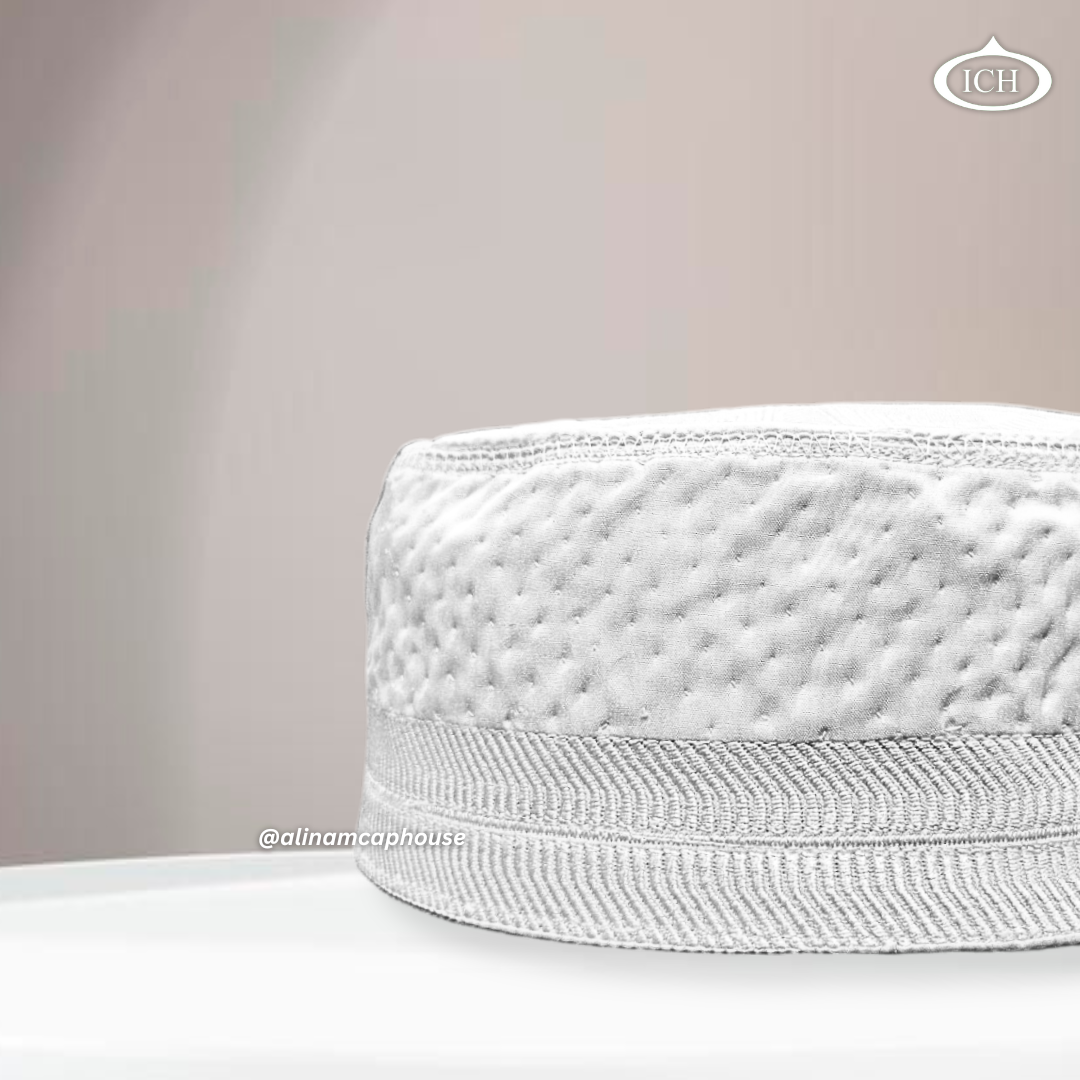 Al Inam Cap white (8 cm), Muslim kufi prayer cap, side view, comfortable fit, AL INAM CAP HOUSE