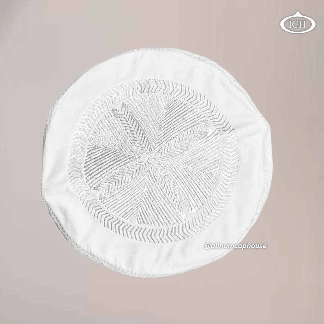 Al Inam Cap white (8 cm), elegant kufi design, top view, Islamic essentials, AL INAM CAP HOUSE