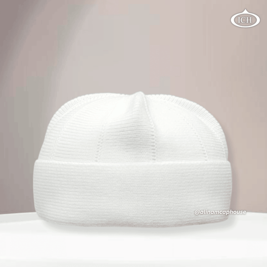 N08 white, Islamic prayer cap, front view, soft breathable fabric, textured detail, AL INAM CAP HOUSE