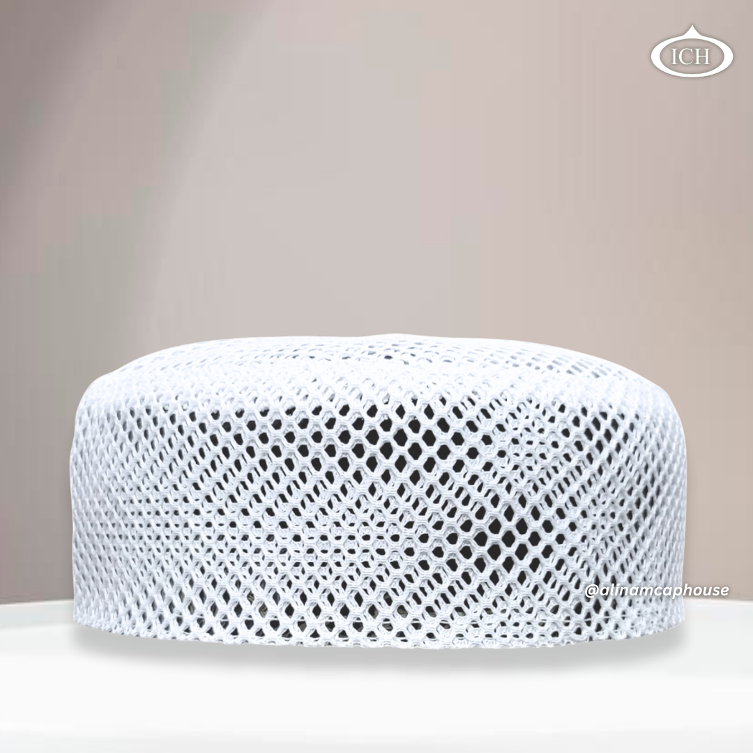 Al Inam Cap white (net), premium Islamic prayer cap, front view, soft breathable net fabric, AL INAM CAP HOUSE