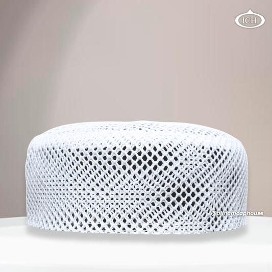 Al Inam Cap white (net), premium Islamic prayer cap, front view, soft breathable net fabric, AL INAM CAP HOUSE