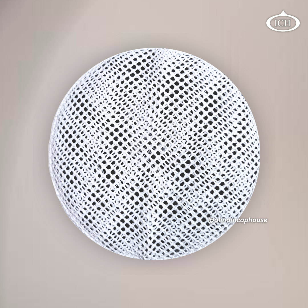 Al Inam Cap white (net), elegant kufi design, top view, Islamic essentials, AL INAM CAP HOUSE