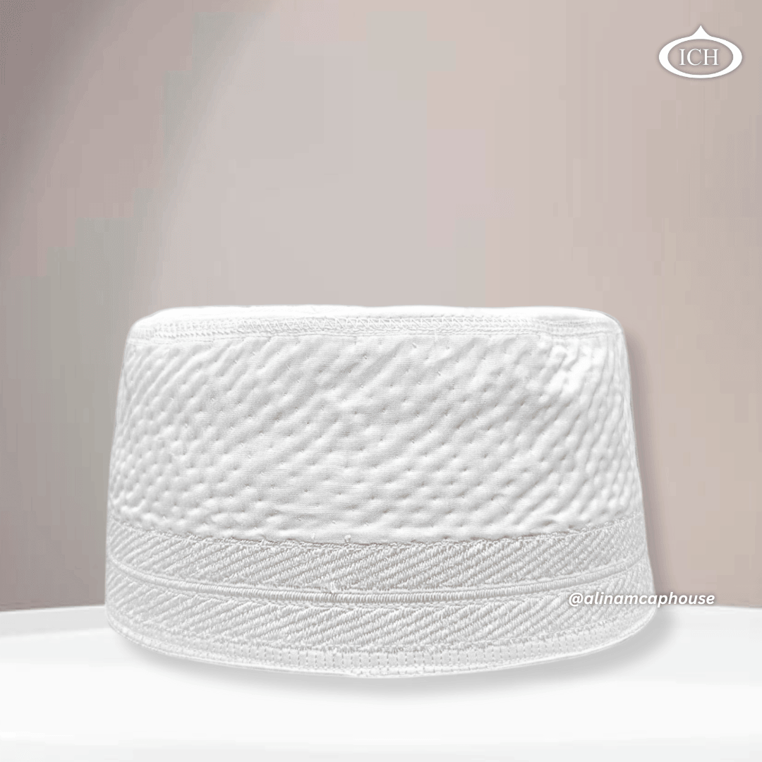 Al Inam Cap white, premium Islamic prayer cap, front view, soft breathable fabric, AL INAM CAP HOUSE