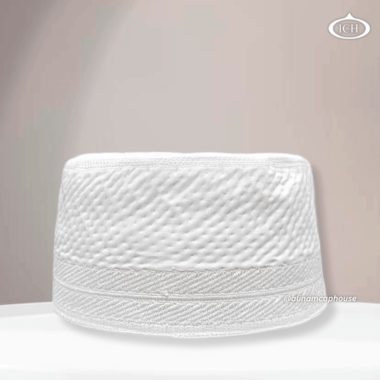 Al Inam Cap white, premium Islamic prayer cap, front view, soft breathable fabric, AL INAM CAP HOUSE