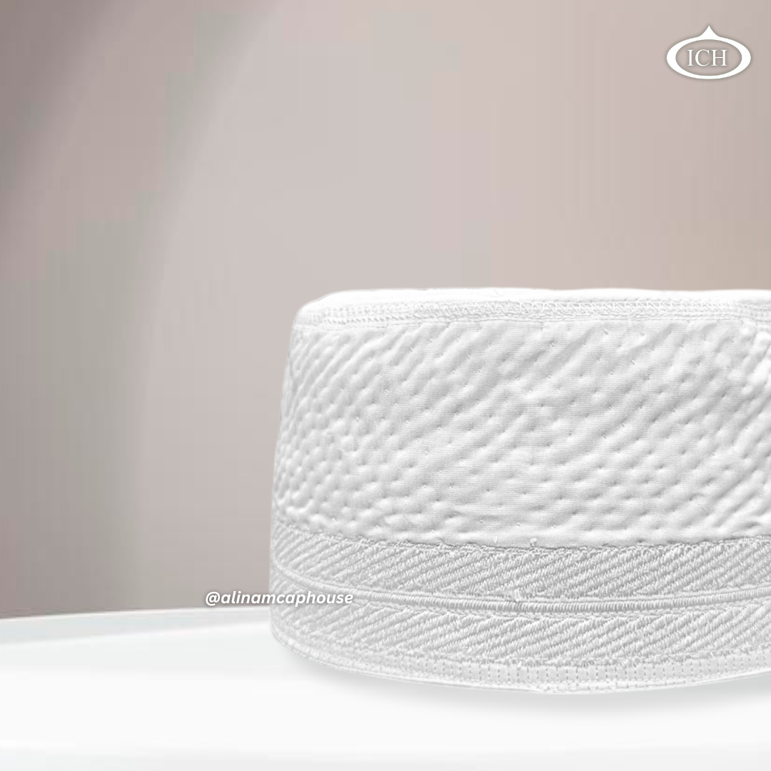 Al Inam Cap white, Muslim kufi prayer cap, side view, comfortable fit, AL INAM CAP HOUSE