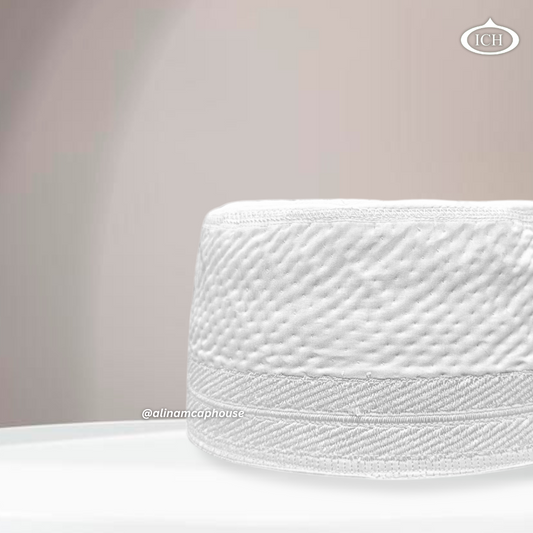 Al Inam Cap white, Muslim kufi prayer cap, side view, comfortable fit, AL INAM CAP HOUSE