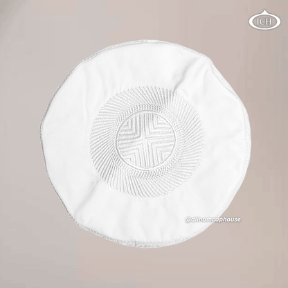 Al Inam Cap white, elegant kufi design, top view, Islamic essentials, AL Inam CAP HOUSE