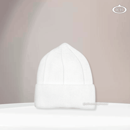 N08 white, Islamic prayer cap, side view, snug fit, handcrafted pattern, AL INAM CAP HOUSE