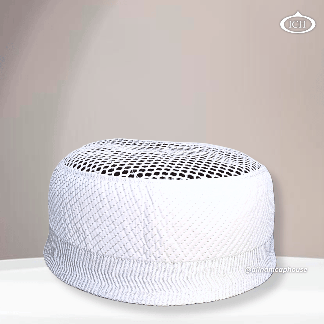 AL INAM CAP white, premium Islamic cap, angled view, tradition & devotion, AL INAM CAP HOUSE