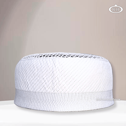 AL INAM CAP white, signature Islamic prayer cap, front view, soft breathable fabric, AL INAM CAP HOUSE