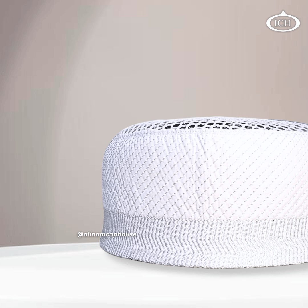 AL INAM CAP white, Muslim kufi prayer cap side view, comfortable fit, AL INAM CAP HOUSE