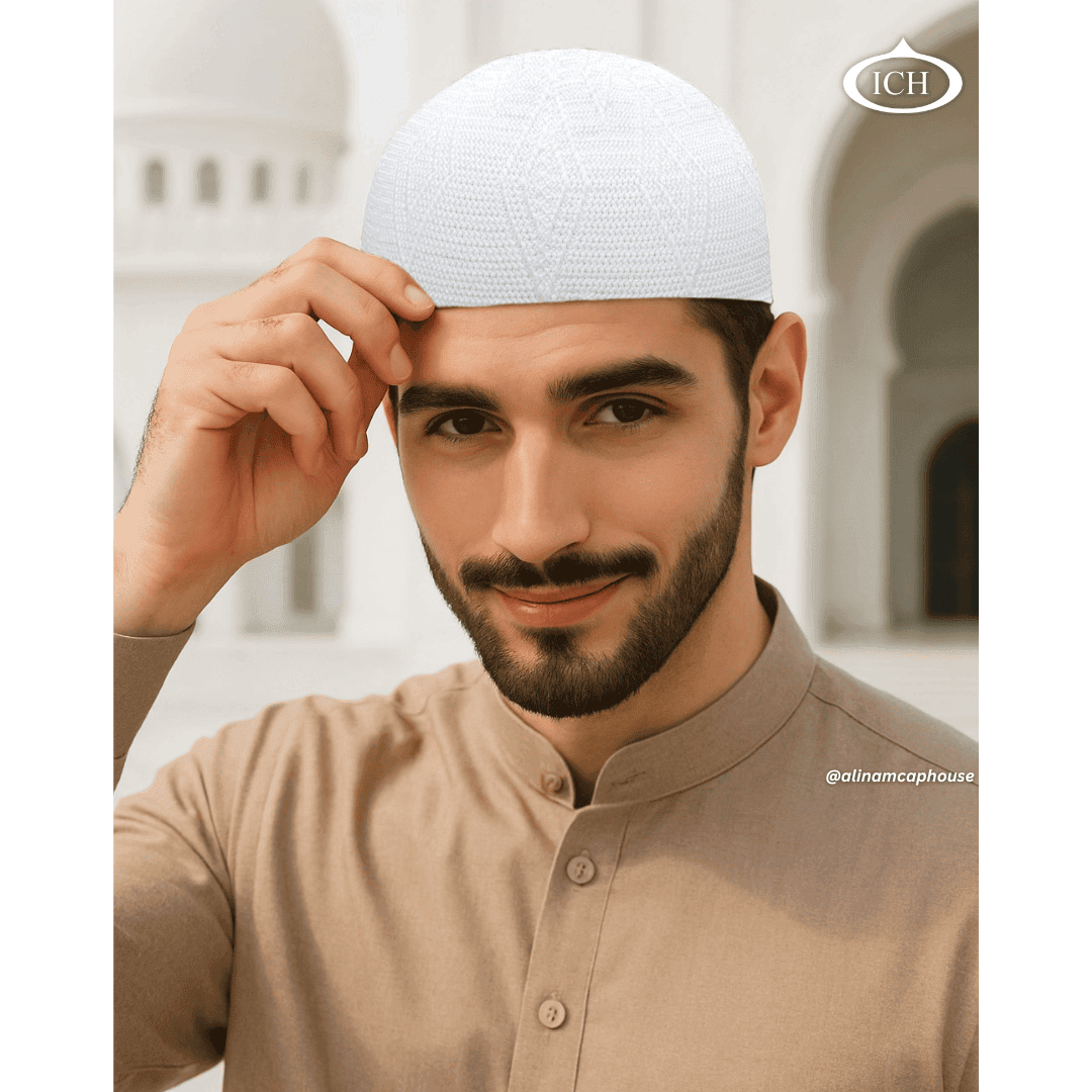 N10 white Turkish knitted cap, Islamic prayer cap, angled view on model, elegant knit pattern, comfortable fit, AL INAM CAP HOUSE