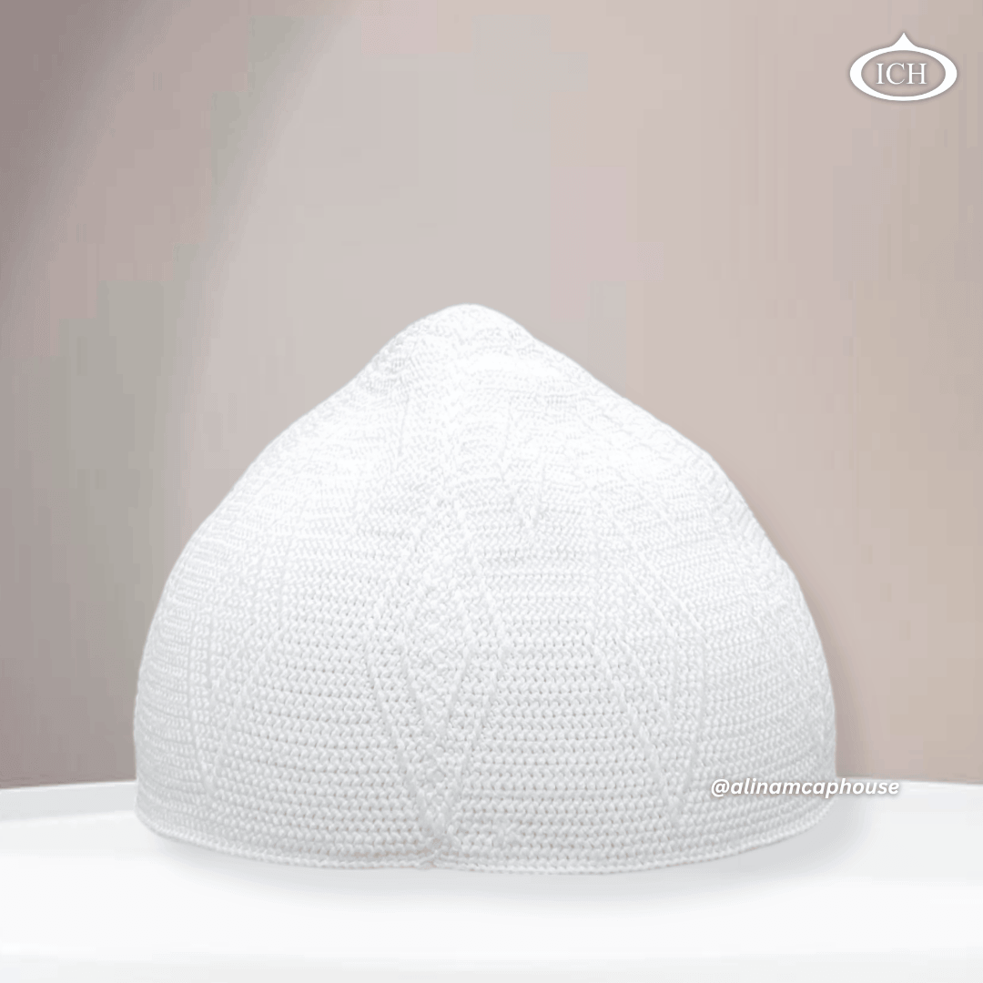 N10 white Turkish knitted cap, Islamic prayer cap, front view, soft breathable fabric, textured knit design, AL INAM CAP HOUSE