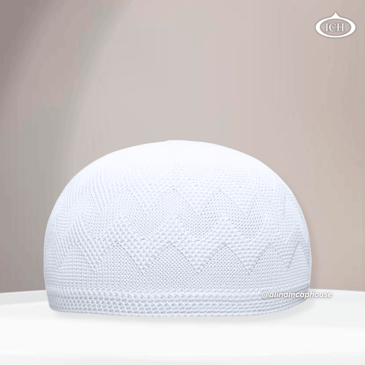 white Islamic prayer cap, front view, soft breathable fabric, textured design, AL INAM CAP HOUSE