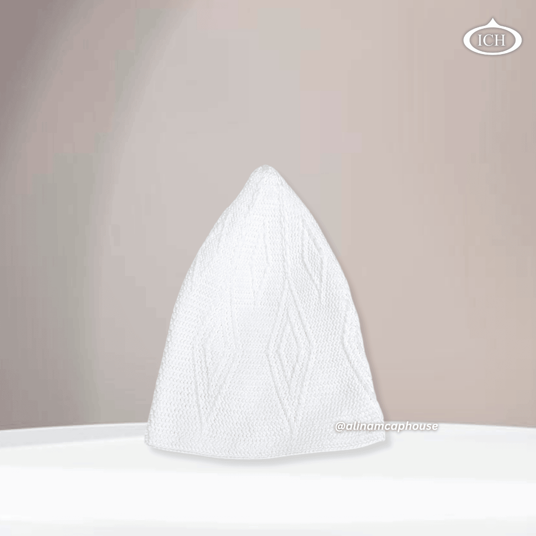 N10 white Turkish knitted cap, Islamic prayer cap, side view, snug fit, detailed stitching, AL INAM CAP HOUSE