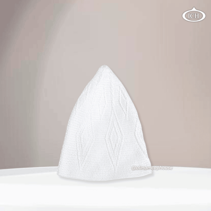 N10 white Turkish knitted cap, Islamic prayer cap, side view, snug fit, detailed stitching, AL INAM CAP HOUSE