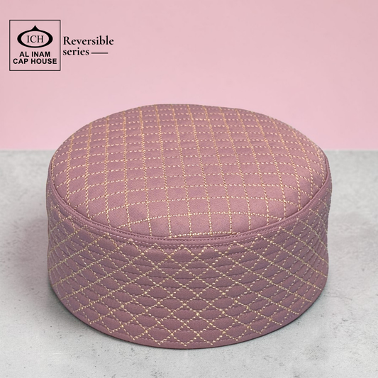 AL INAM dusty blush gold reversible kufi cap FRONT / MAIN VIEW showcasing fine layered stitching – breathable Islamic prayer topi for comfort and style.