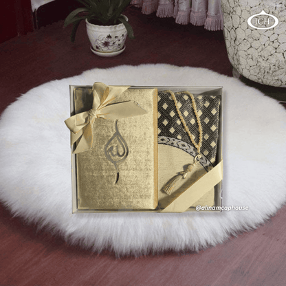 Al Inam Eid Gift Set ICH-0000-E12 – deluxe Islamic prayer bundle featuring a premium cushioned prayer mat and refined tasbih beads, perfect for Muslim worship and gifting.