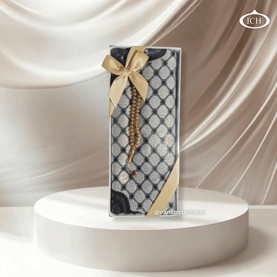 Luxury Eid gift set ICH-0000-E17 by Al Inam – elegant prayer rug paired with high-quality prayer beads, ideal for spiritual gifting during Eid.