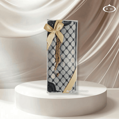 Luxury Eid gift set ICH-0000-E17 by Al Inam – elegant prayer rug paired with high-quality prayer beads, ideal for spiritual gifting during Eid.