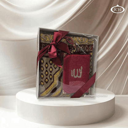 Elegant Eid Gift Trio by AL INAM – Premium Islamic prayer mat, artisan prayer beads and deluxe Yā Sīn book in a stylish boxed set for spiritual gifting.