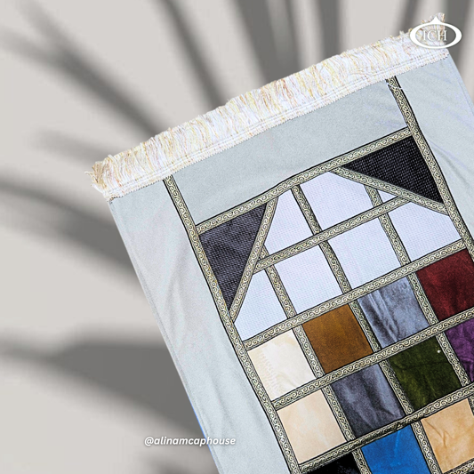 Al Inam Grey Muslim Prayer Mat – Premium Islamic Janamaz with soft fabric and elegant design for daily salah and namaz.