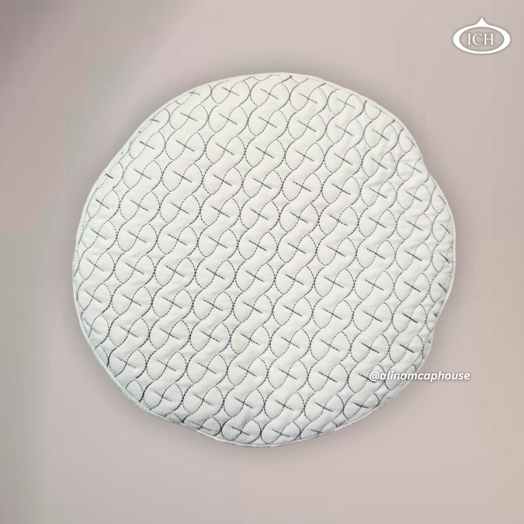 Top view of AL INAM ICH JJ style Islamic prayer cap showing detailed embroidered pattern in cream and grey