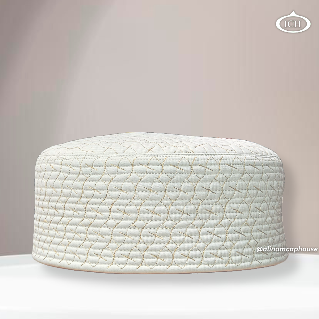 AL INAM ICH JJ style reversible Islamic prayer cap in cream and golden embroidery front view premium Namazi topi