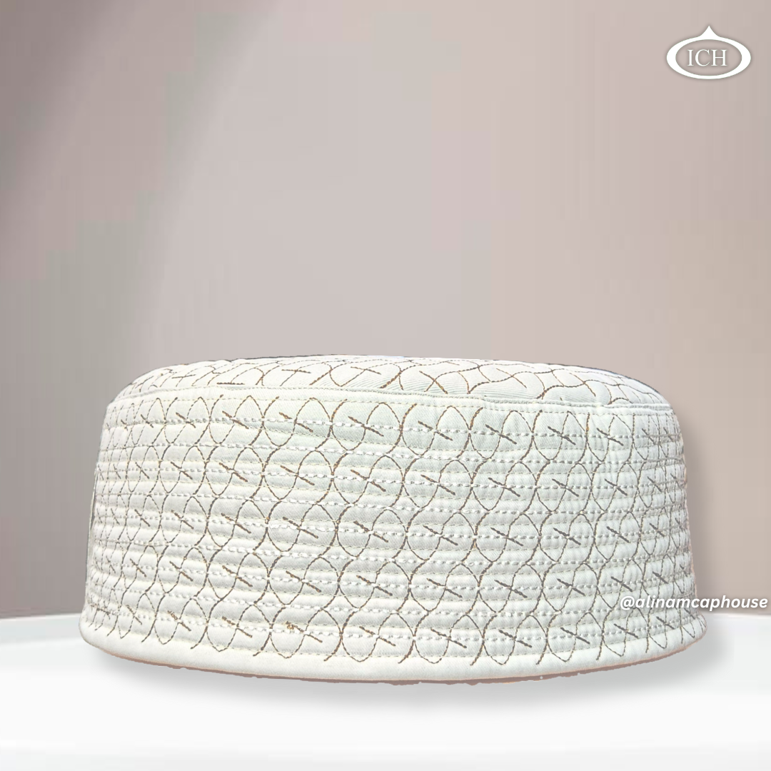 AL INAM ICH JJ style reversible Islamic prayer cap in cream and brown embroidery front view premium Namazi topi