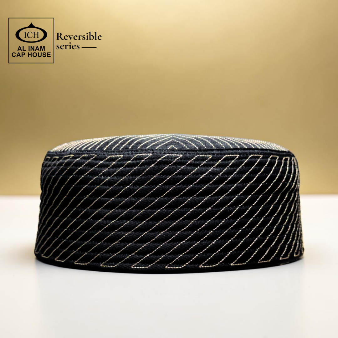 AL INAM ICH reversible Islamic prayer cap black and golden – premium Muslim skull cap with elegant pattern for salah, masjid, and daily wear.