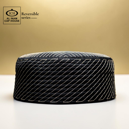 AL INAM ICH reversible Islamic prayer cap black and golden – premium Muslim skull cap with elegant pattern for salah, masjid, and daily wear.