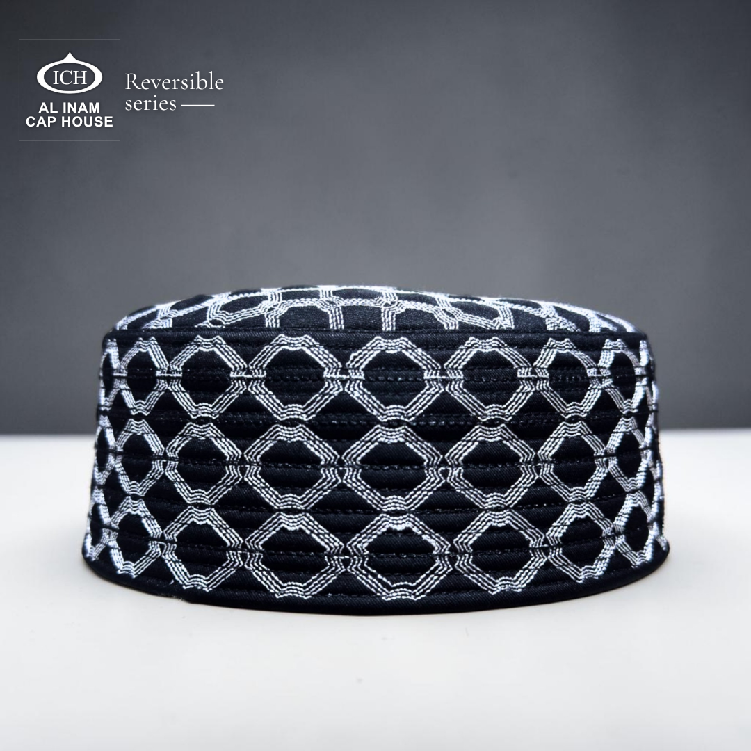 AL INAM ICH reversible Islamic prayer cap black and silver front view – premium Muslim skull cap with elegant woven texture for salah, masjid, and daily wear.