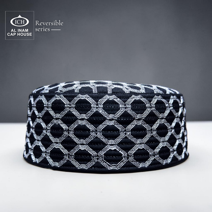 AL INAM ICH reversible Islamic prayer cap black and silver front view – premium Muslim skull cap with elegant woven texture for salah, masjid, and daily wear.