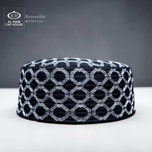 AL INAM ICH reversible Islamic prayer cap black and silver front view – premium Muslim skull cap with elegant woven texture for salah, masjid, and daily wear.
