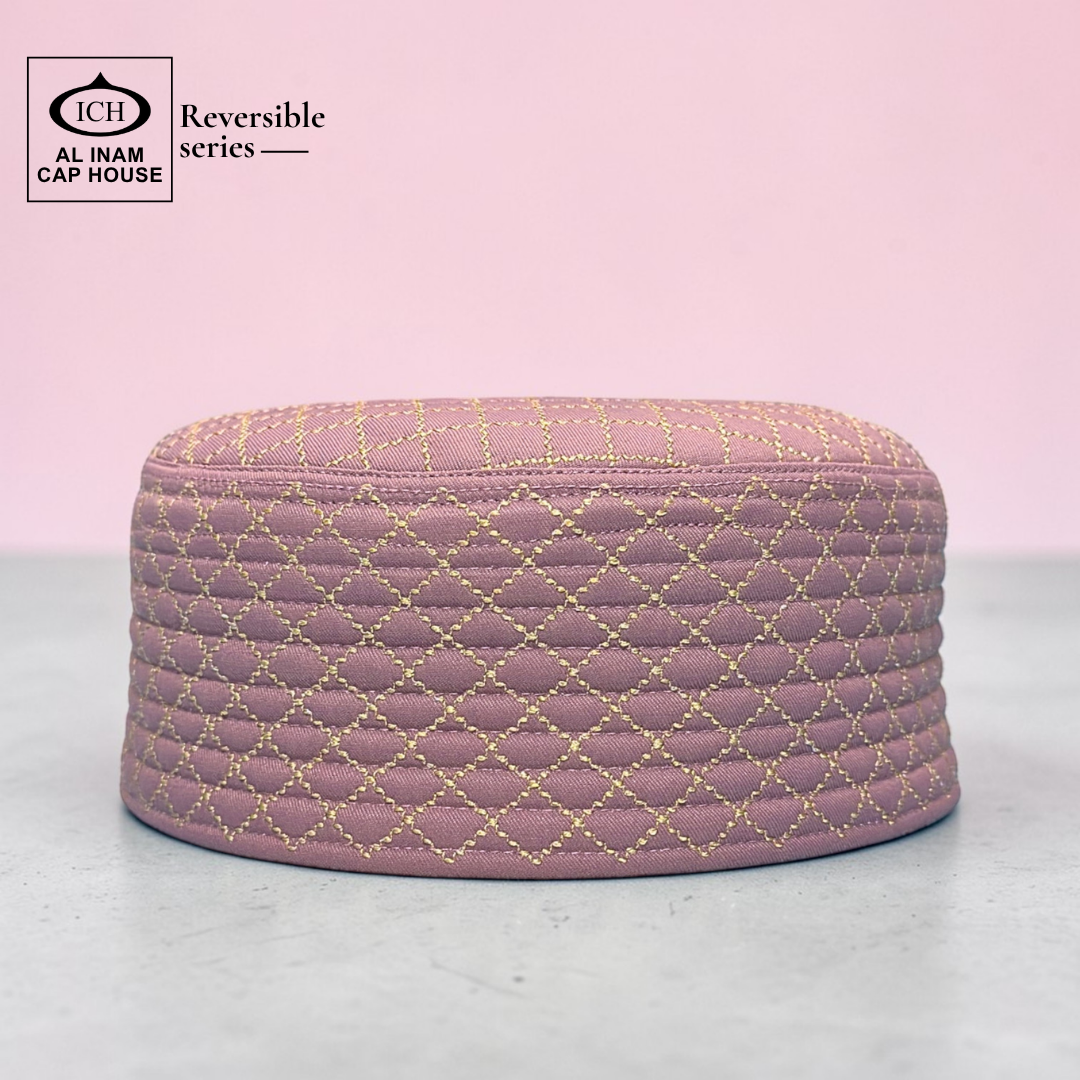AL INAM ICH reversible Islamic prayer cap dusty blush gold MAIN VIEW – premium Muslim skull cap with elegant woven texture for salah and daily wear